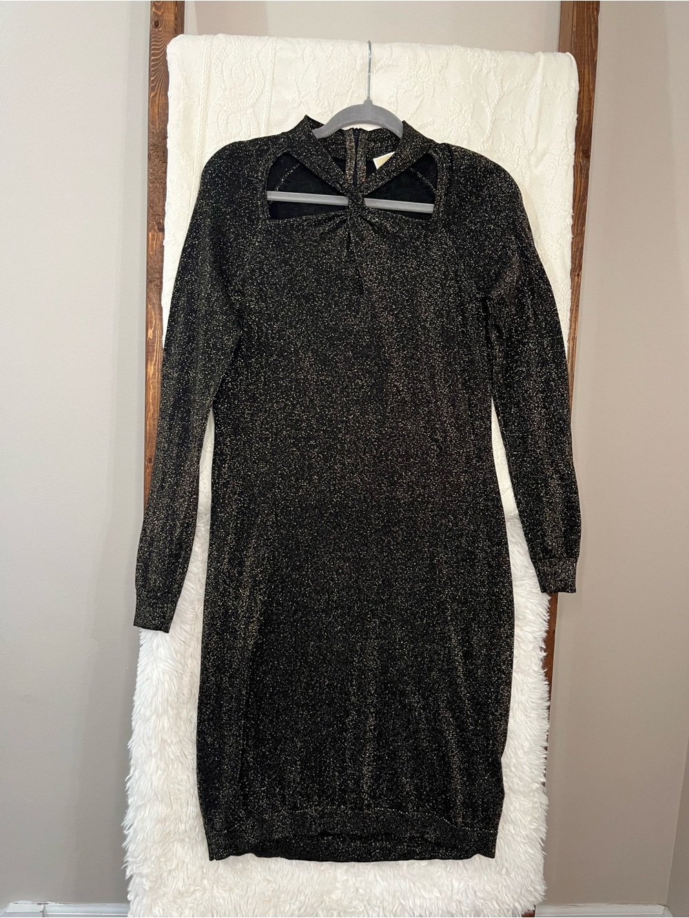 MICHAEL Michael Kors Twist-Neck Metallic Sweater Dress - Black/Gold